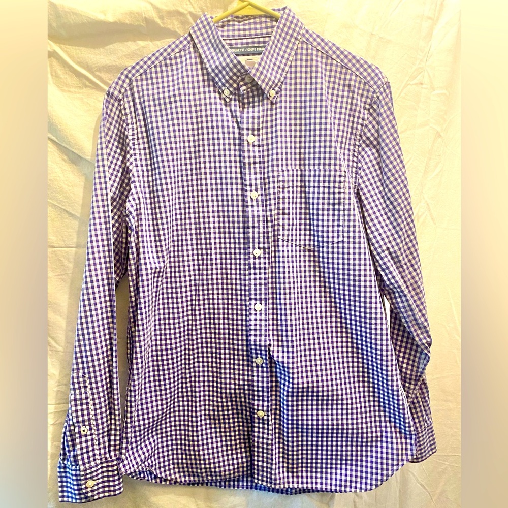 PURPLE GINGHAM button up dress shirt, very good condition, classic regular fit.